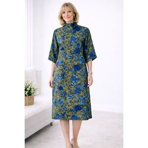 Vintage Mod MCM Blue Green Floral Shift Dress 60s Mid Century Boho Medium